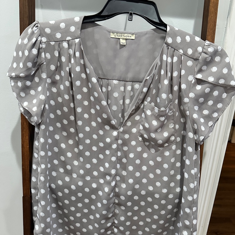 41 Hawthorn Gray and White Polka Dot Blouse